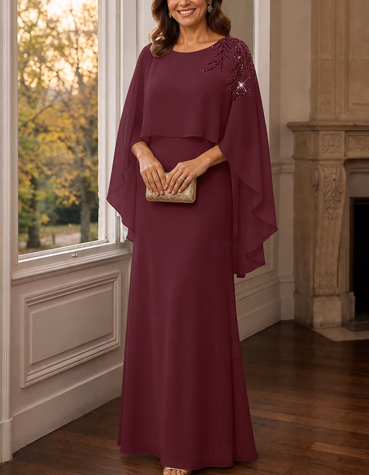 Chiffon Round Neck Cape Overlay Sleeve Maxi Dress