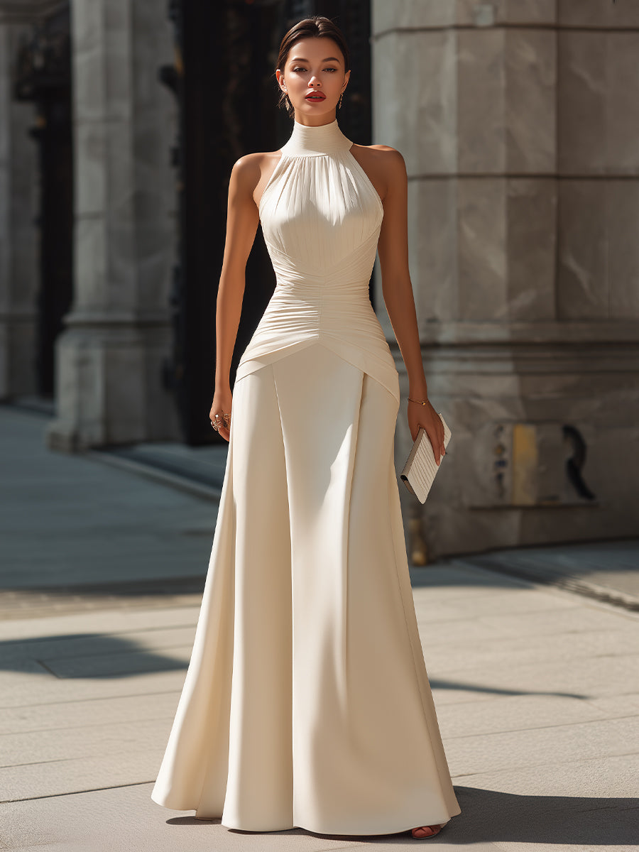 White Halter Neck Draped Maxi Dress With Sculpted Waist