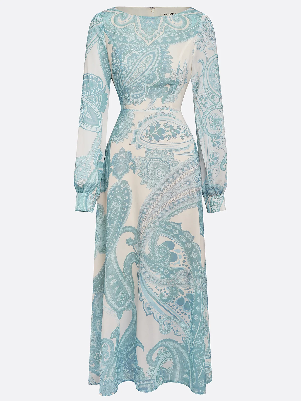 Light Blue Paisley Chiffon Crew Neck Long Sleeve Balloon Sleeve A-Line Maxi Dress