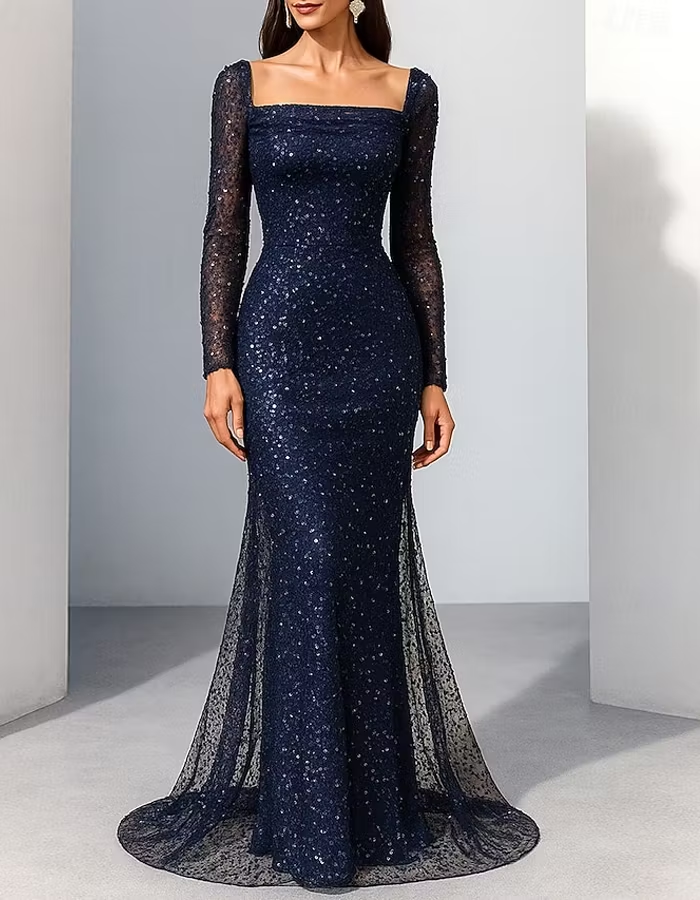 Navy Blue Sequined Square Neck Maxi Dress
