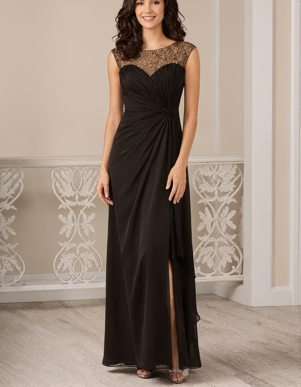 Black And Gold Lace Ruffled Chiffon Slit Maxi Dress
