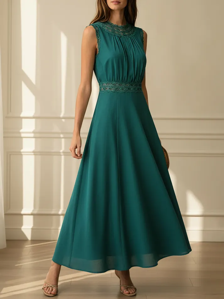 Maxi Linen Dress, Sleeveless, Crew Neck, Lace, Vintage, Green