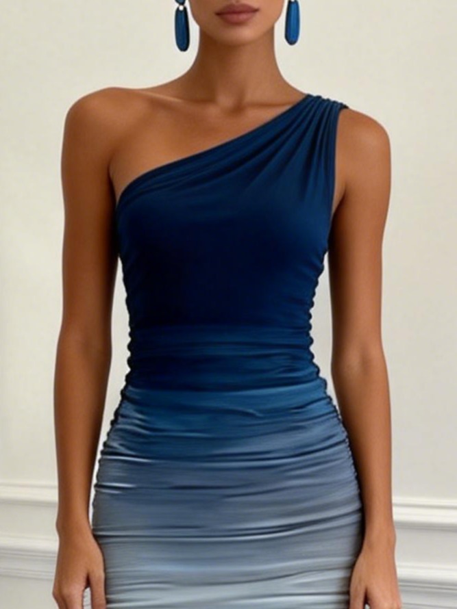 Blue Ruched Floral Chiffon One Shoulder Sleeveless Sheath Maxi Dress