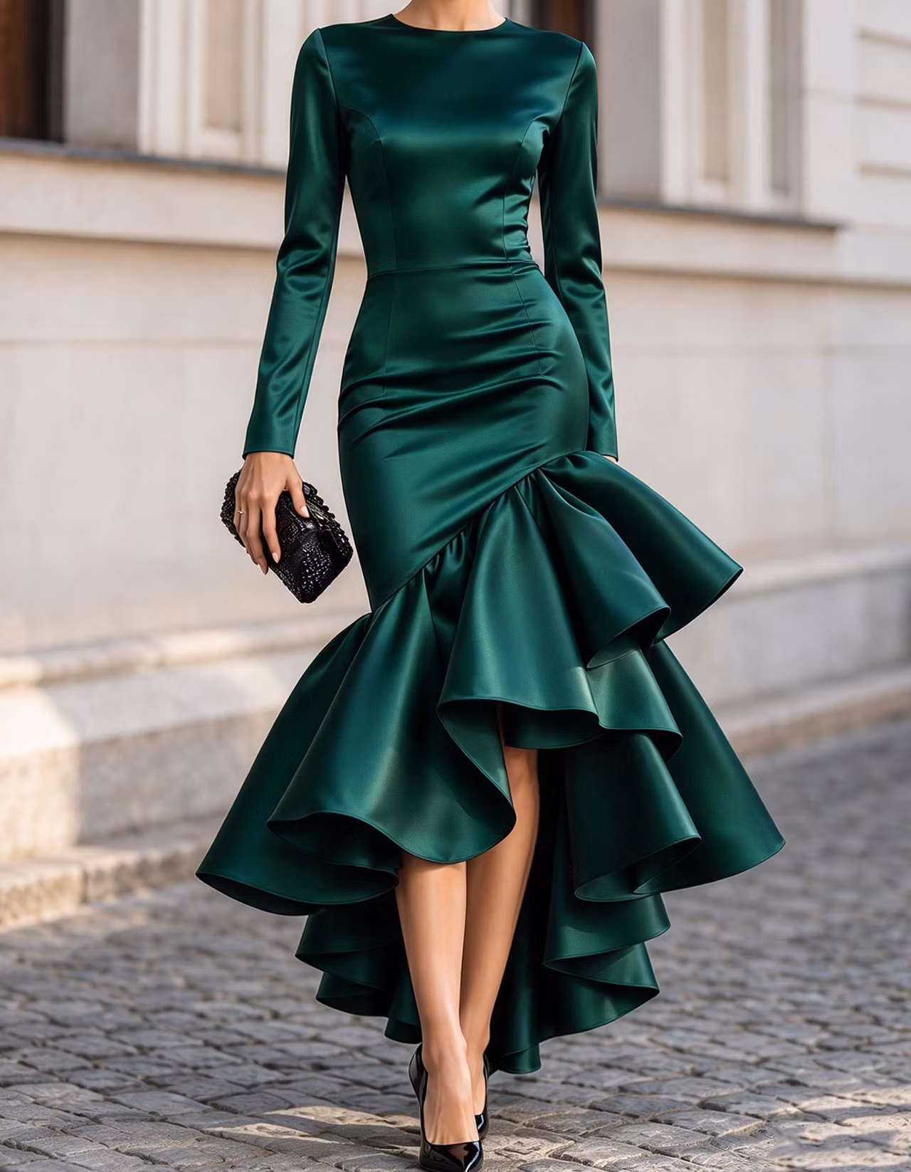 Long Sleeve Satin High-Low Ruffle Mermaid Maxi Dress