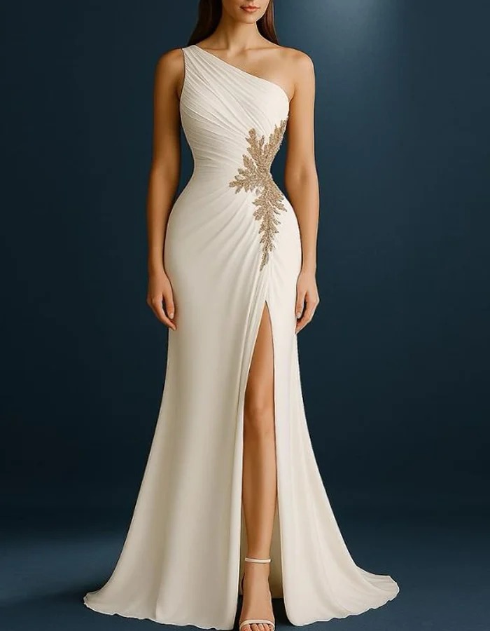 Ivory One-shoulder Pleated Maxi Dress