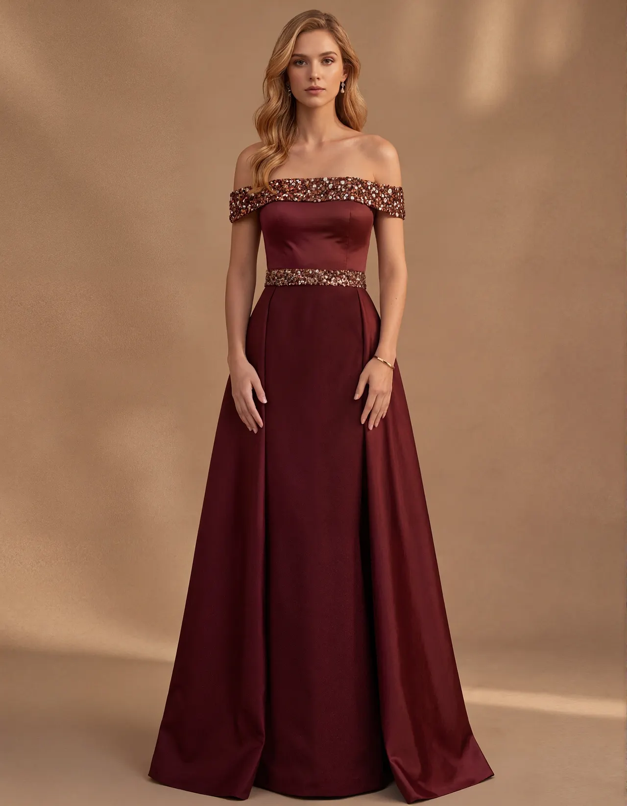 Burgundy Off The Shoulder Satin Maxi Dress