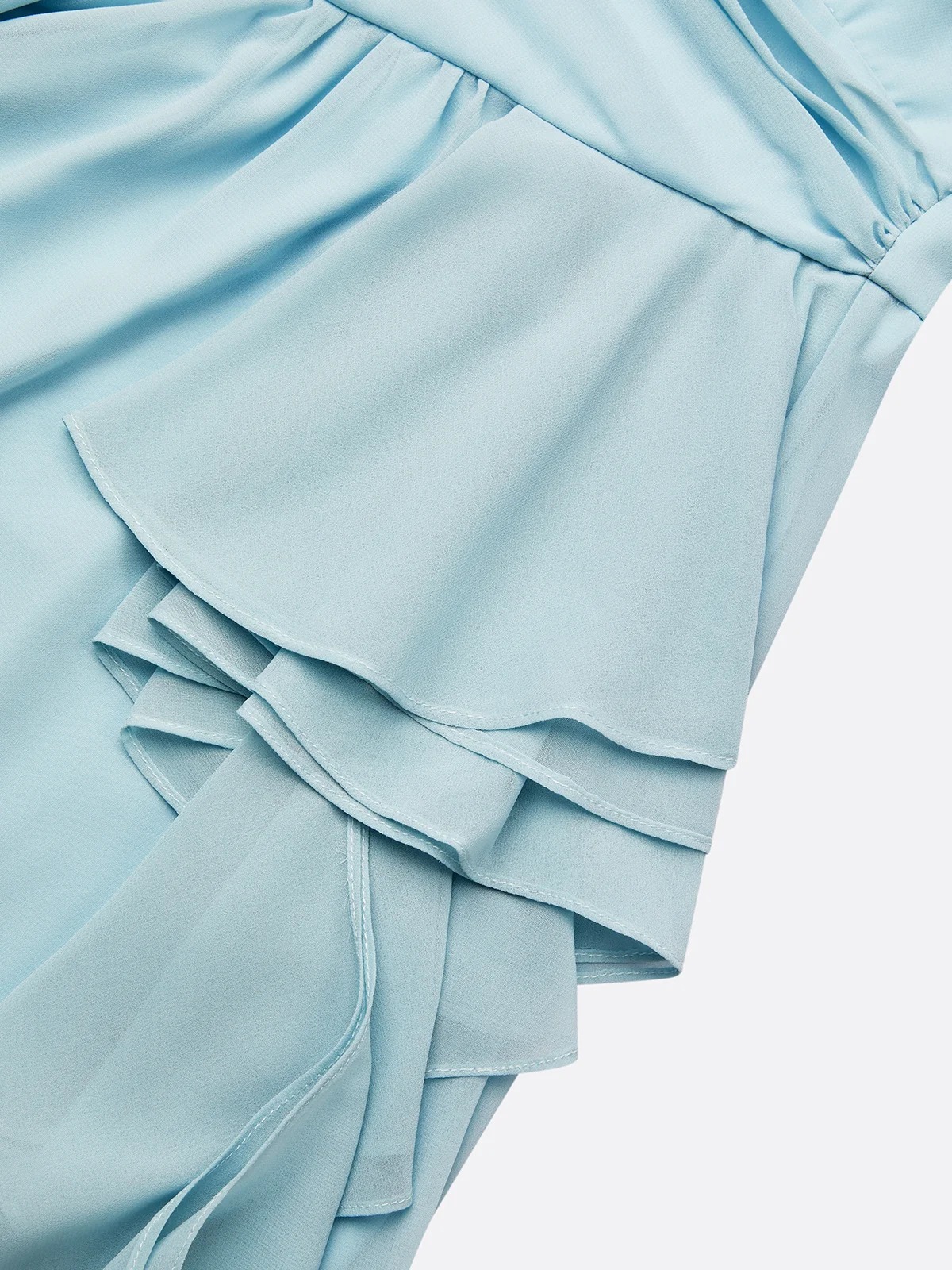 Light Blue Ruffled Ruched Chiffon One Shoulder Sleeveless A-Line Maxi Dress