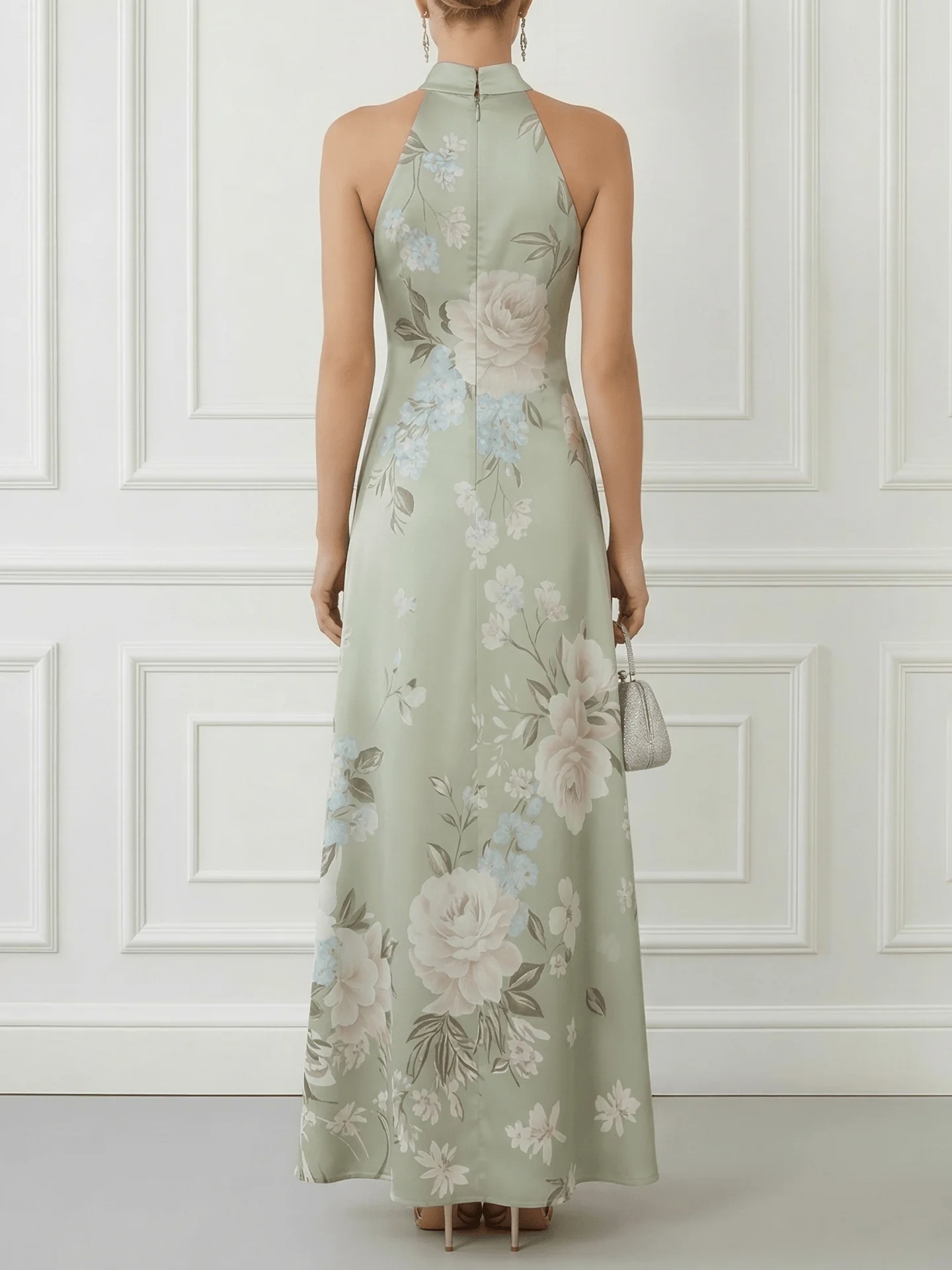 Lightgreen Floral Satin Mock Neck Sleeveless A-Line Maxi Dress