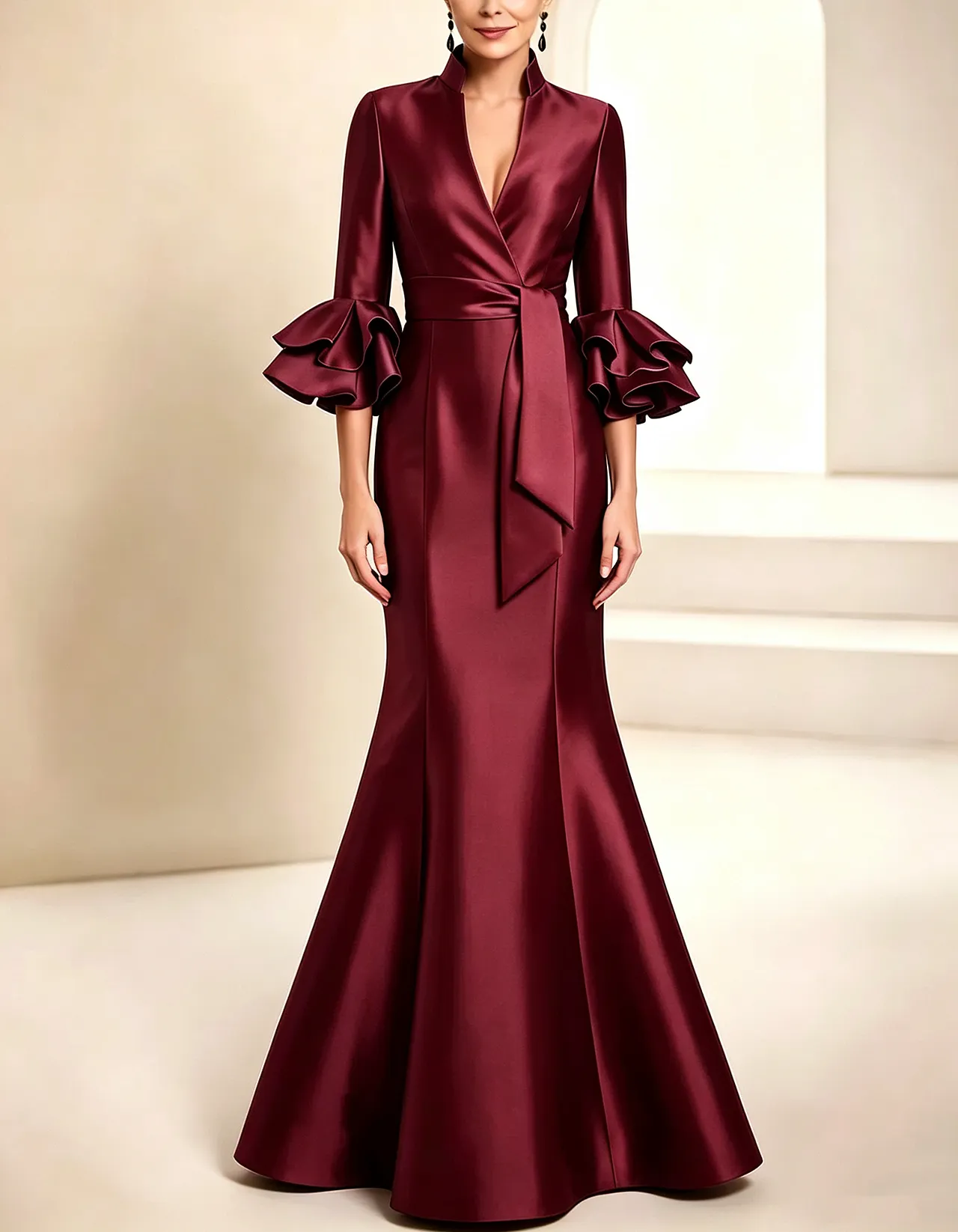 Royal Blue Stand Collar Ruffled Satin Mermaid Maxi Dress