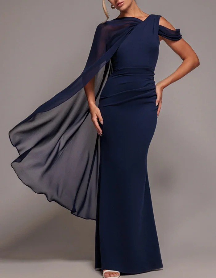 Navy Asymmetrical One-Shoulder Chiffon Shawl Mermaid Maxi Dress