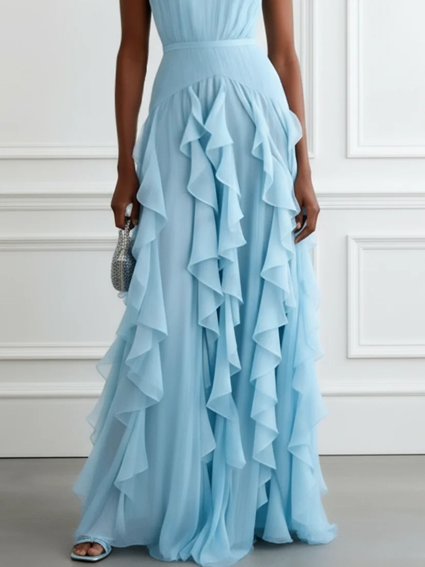 Light Blue Ruffled Chiffon Boat Neck Sleeveless A-Line Maxi Dress