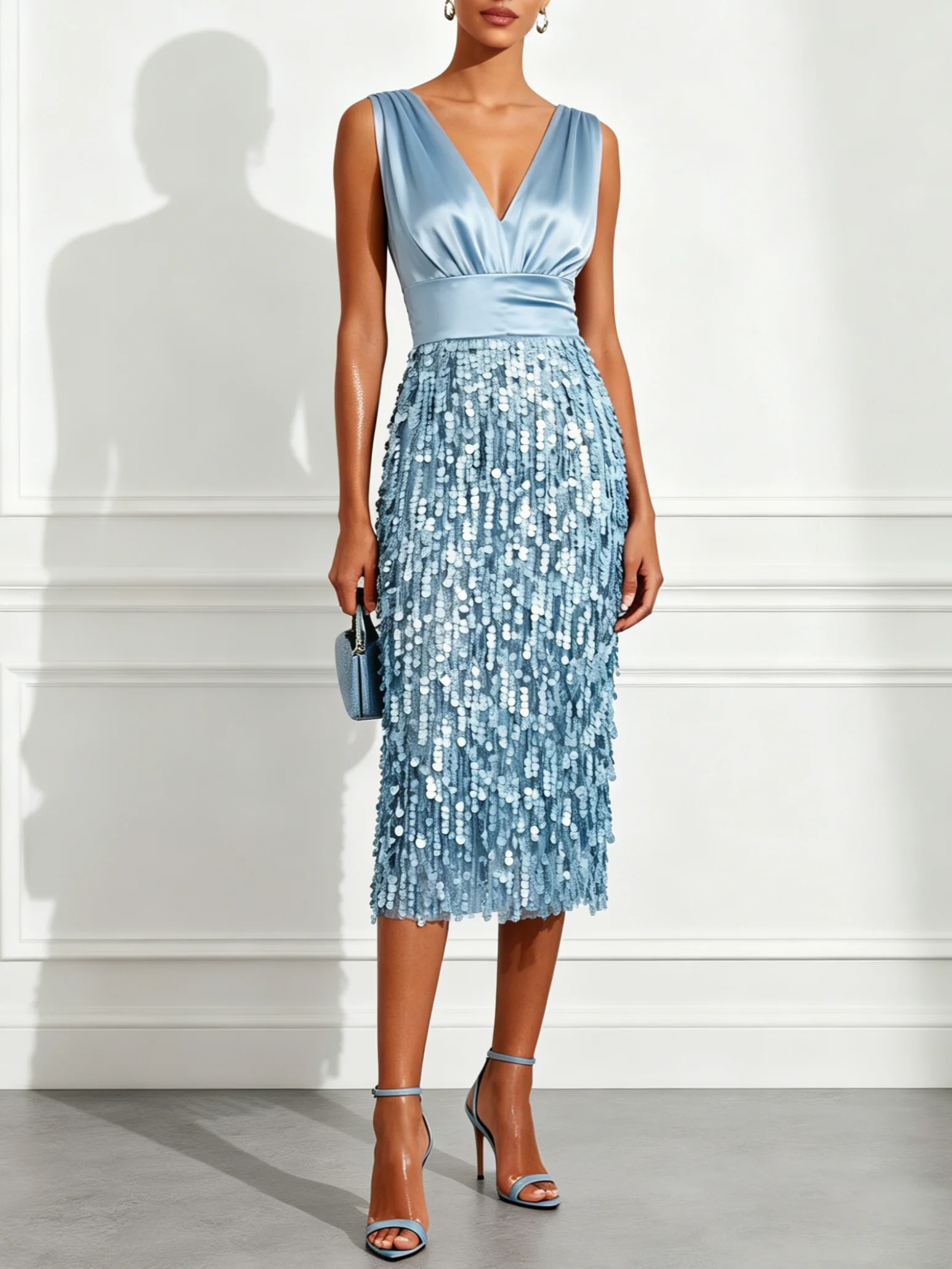 Light Blue Sequin V Neck Sleeveless Sheath Midi Dress