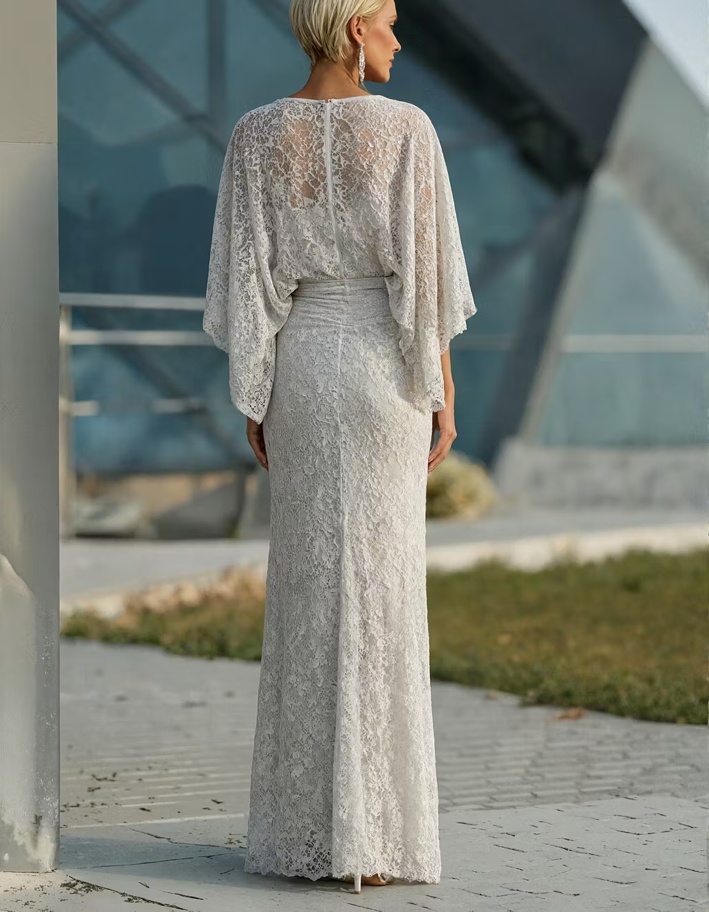 White Floral Lace Round Neck Batwing Sleeves Flared Pleats Maxi Dress