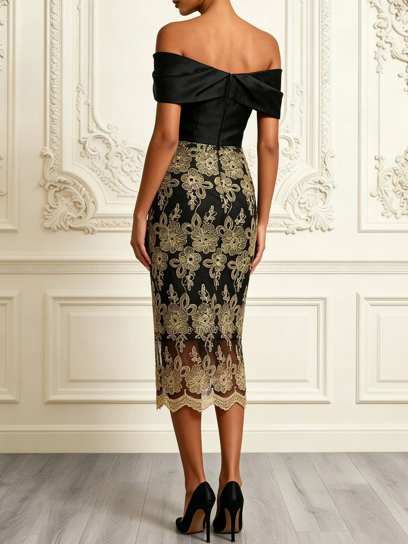 Black Bow Ruched Lace Off The Shoulder Short Sleeve Sheath Midi Dress