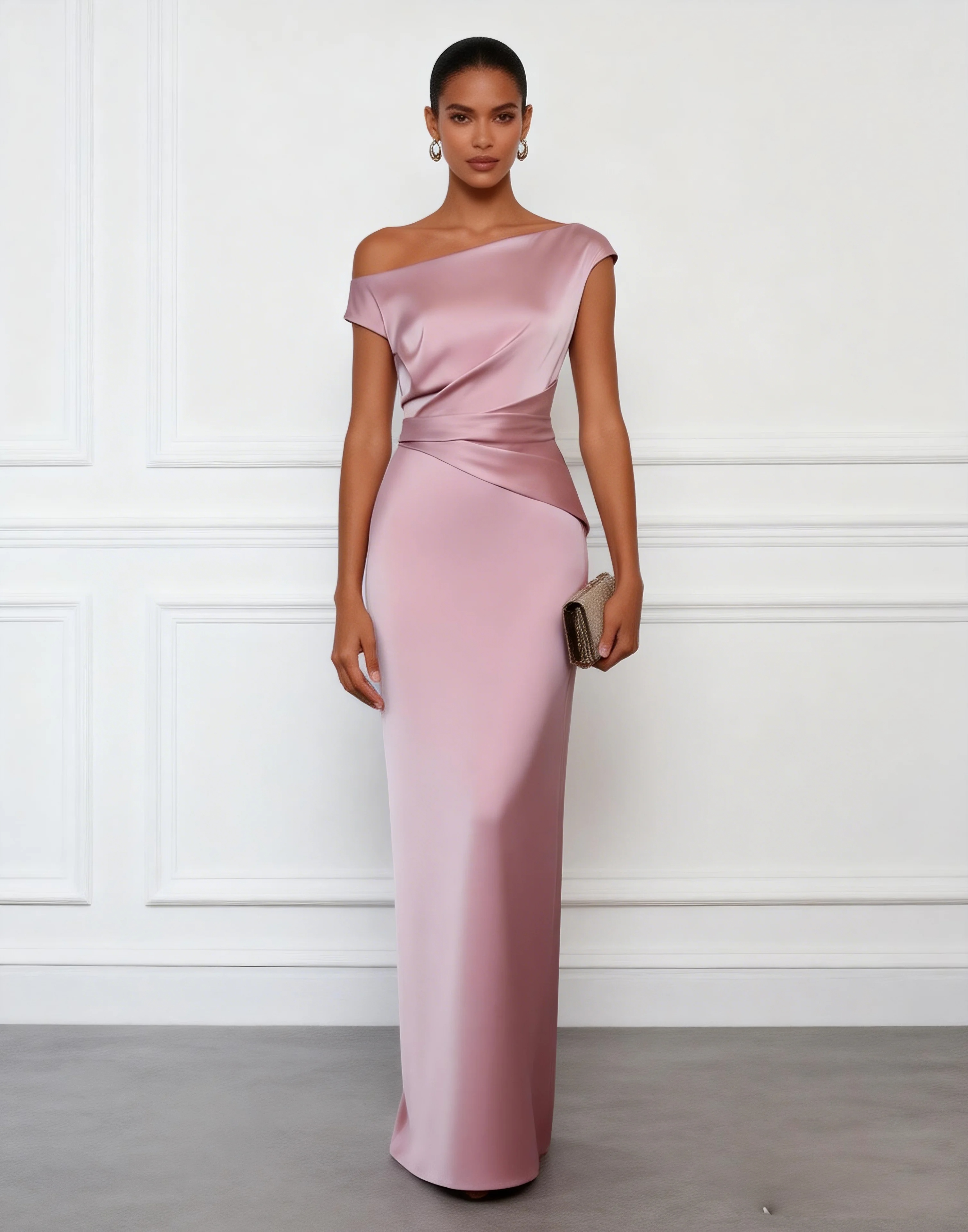 Pink Satin One Shoulder Short Sleeve Sheath Gown Dress