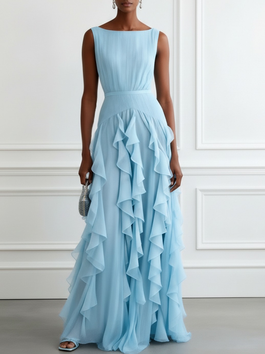 Light Blue Ruffled Chiffon Boat Neck Sleeveless A-Line Maxi Dress