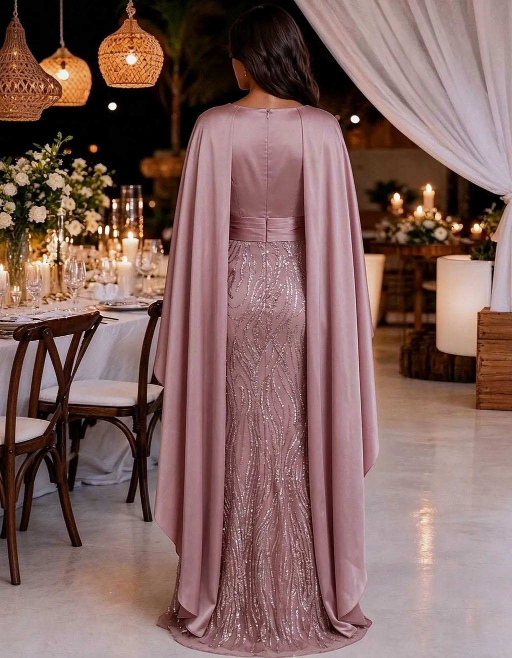 Deep V Cape Sleeve Top Sequin Wave Pattern Maxi Dress