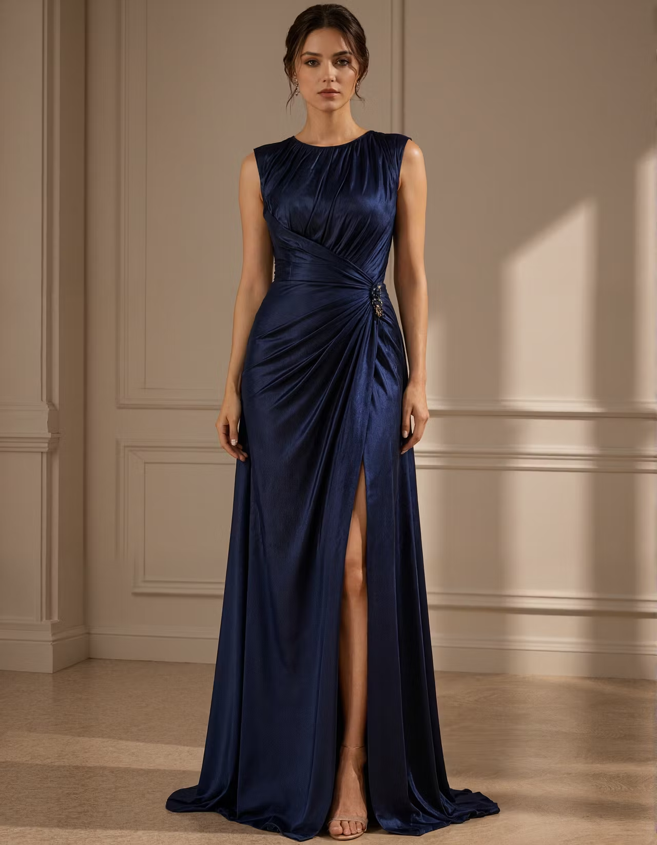 Dark Blue Satin Round Neck Maxi Dress