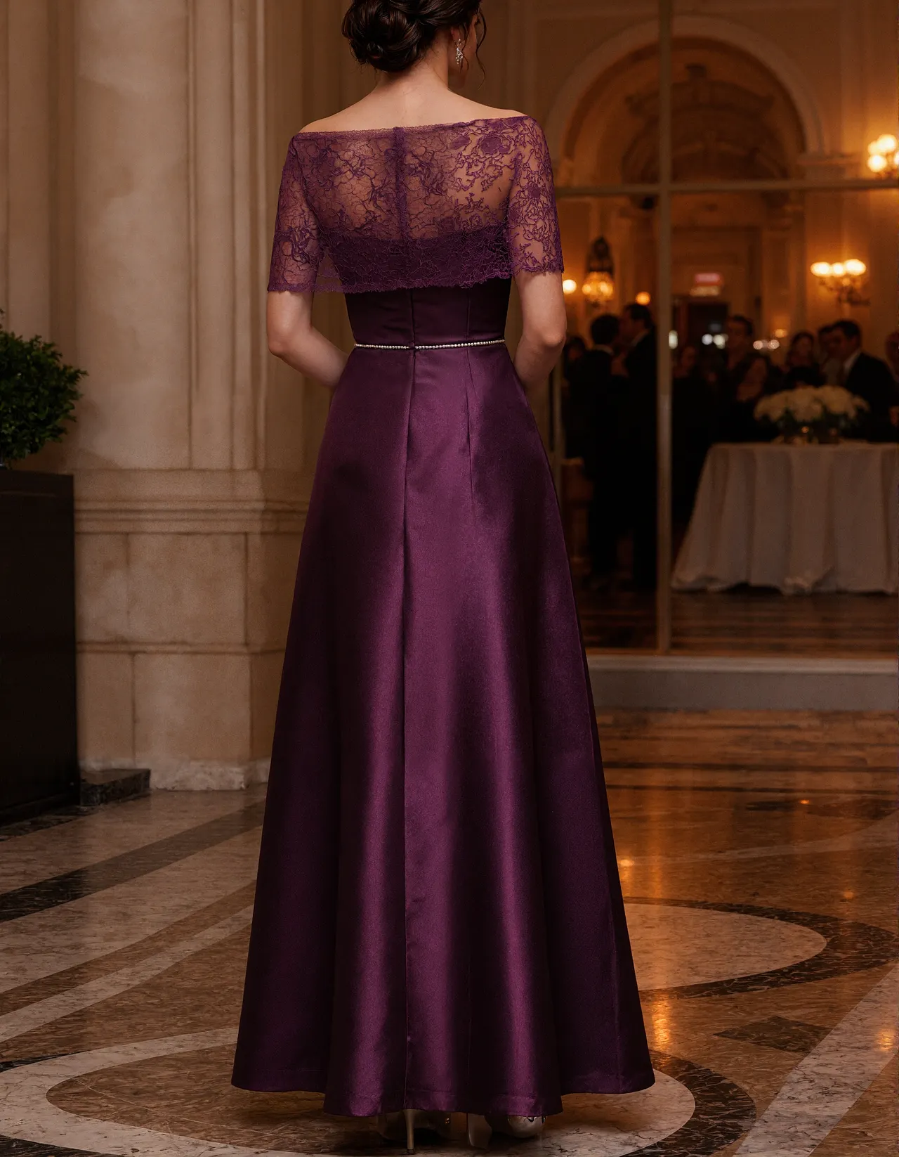 Purple Off The Shoulder Satin With Lace Paneling Maxi Dress