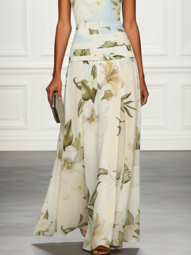 Light Blue Floral Ruched Classic Boat Neck Sleeveless A-Line Maxi Dress