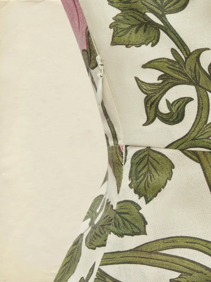 Midi Linen Dress , Cap Sleeves, Shawl Collar, Floral, Button Design, Vintage, Green