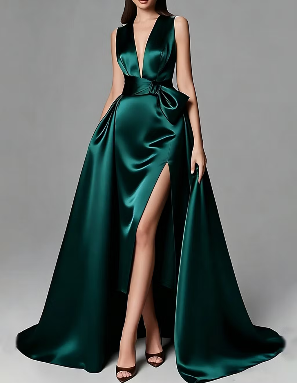Satin V-neck Fitted Waist Maxi Dress