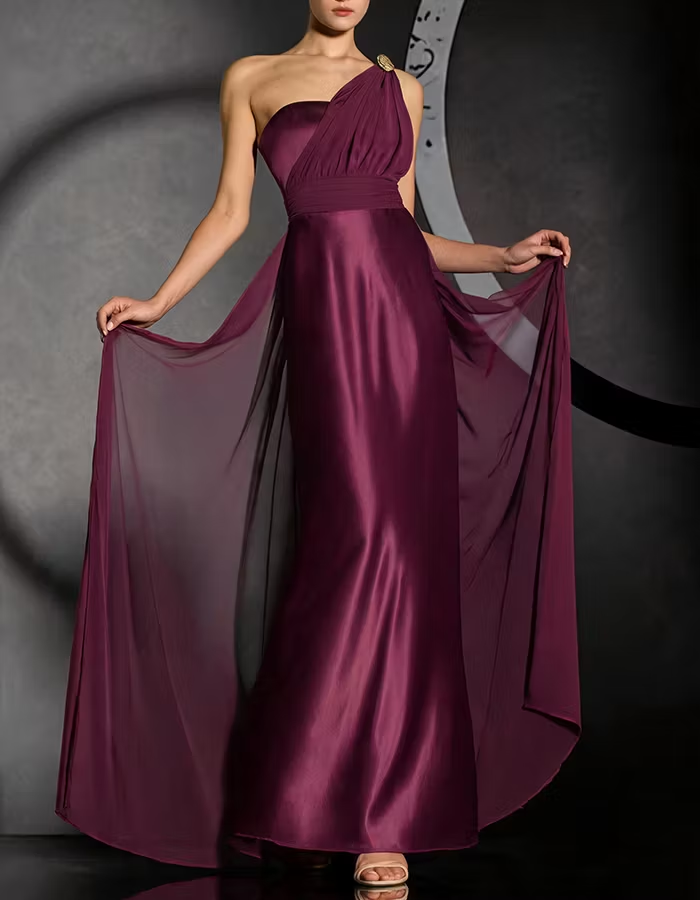 Plum One-Shoulder Ruched Satin & Chiffon Maxi Dress