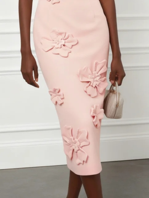 Pink 3D Floral Classic Boat Neck Sleeveless Sheath Midi Dress