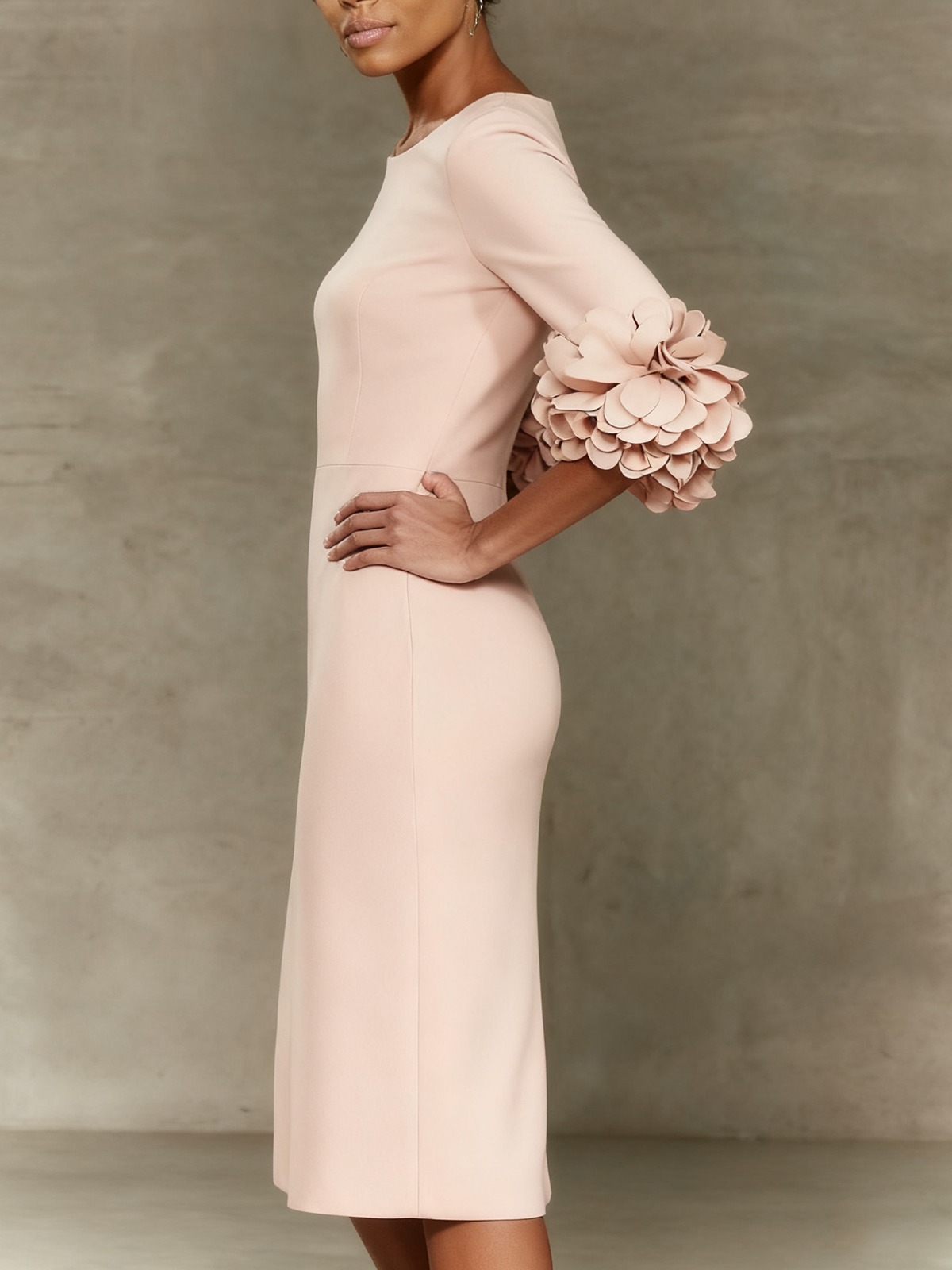 Light Pink 3D Floral Classic Crew Neck Half Sleeve Sheath Midi Dress