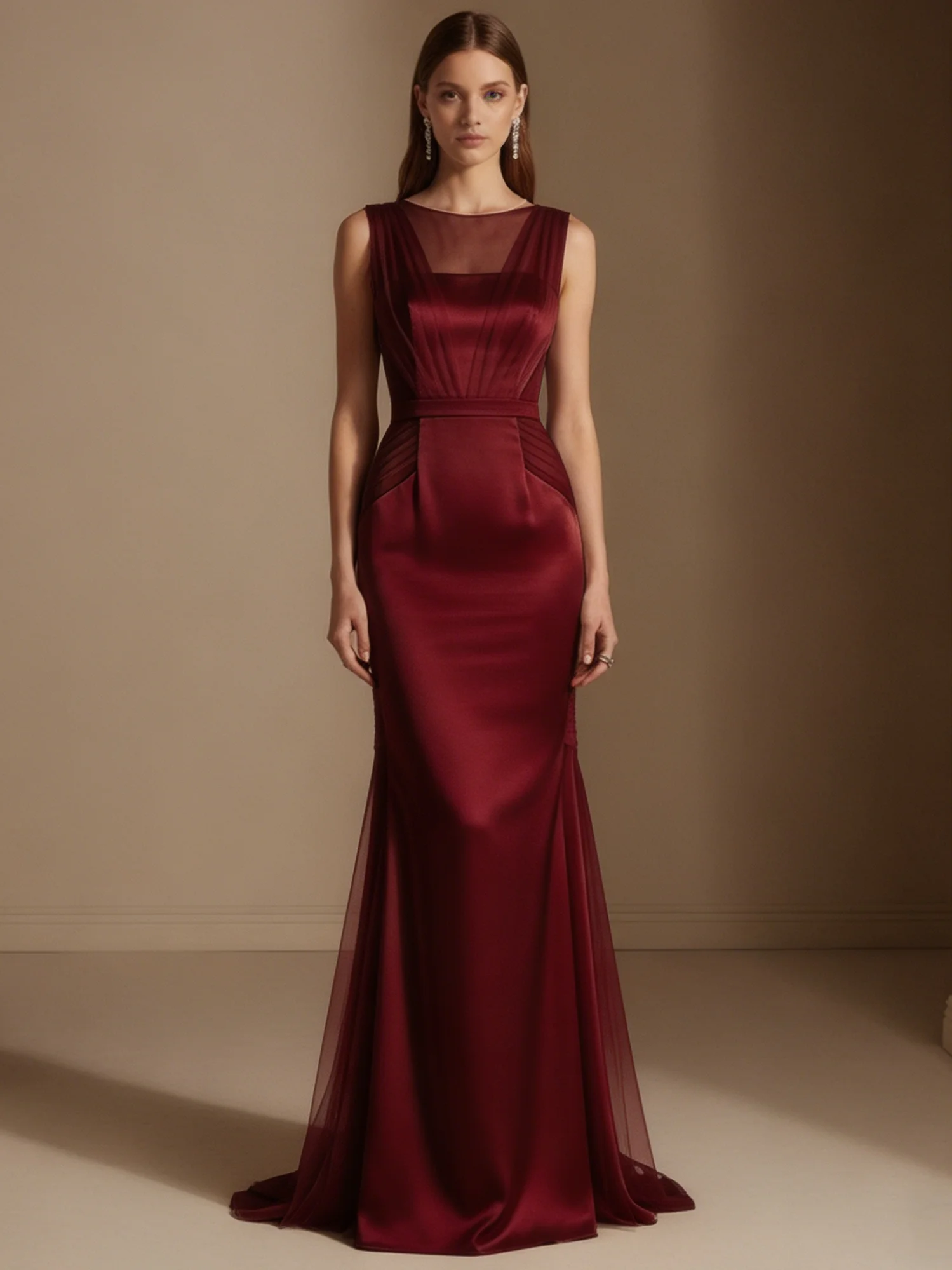 Burgundy Mesh Satin Crew Neck Sleeveless Mermaid Gown Dress