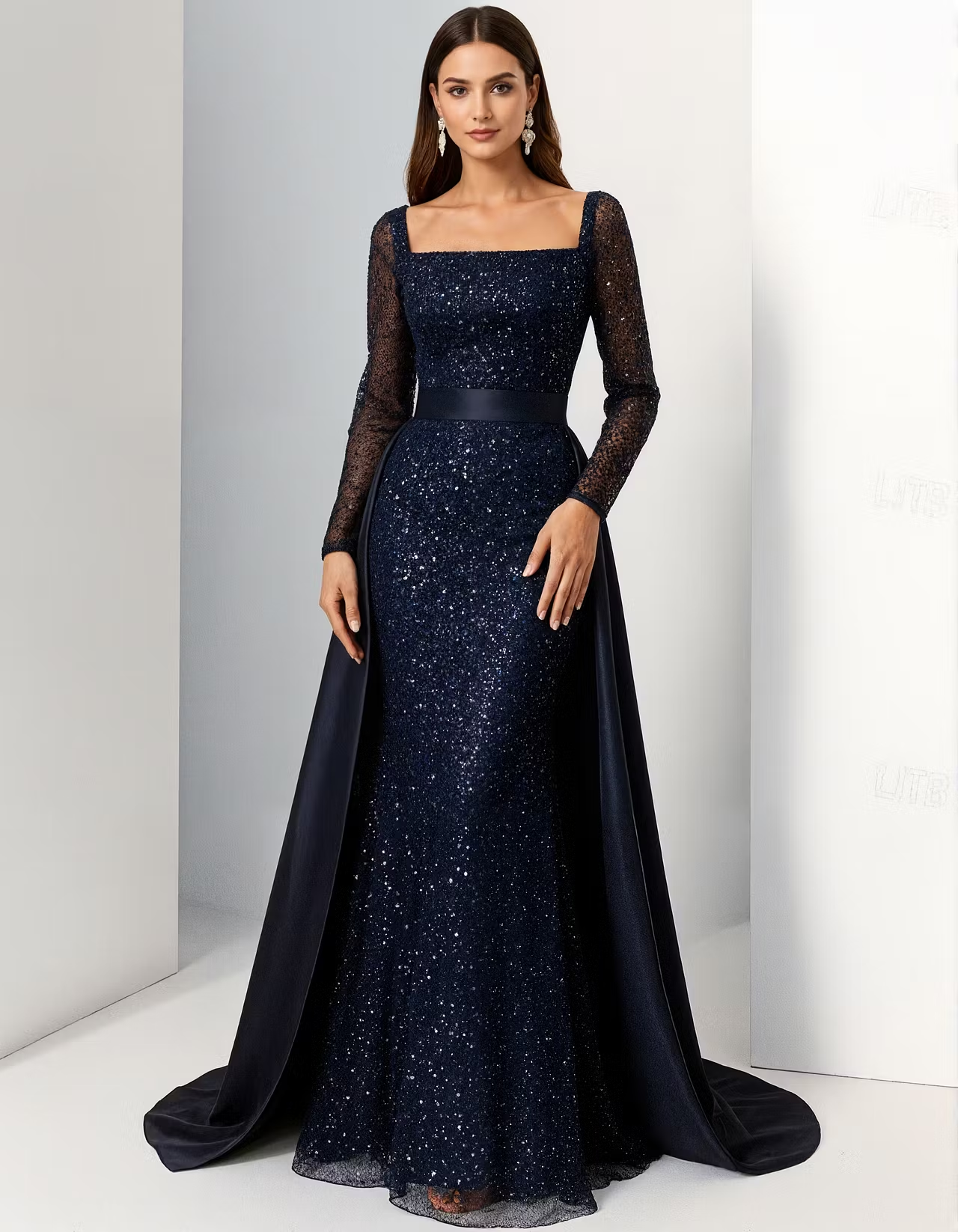 Navy Blue Sequined Square Neck Maxi Dress