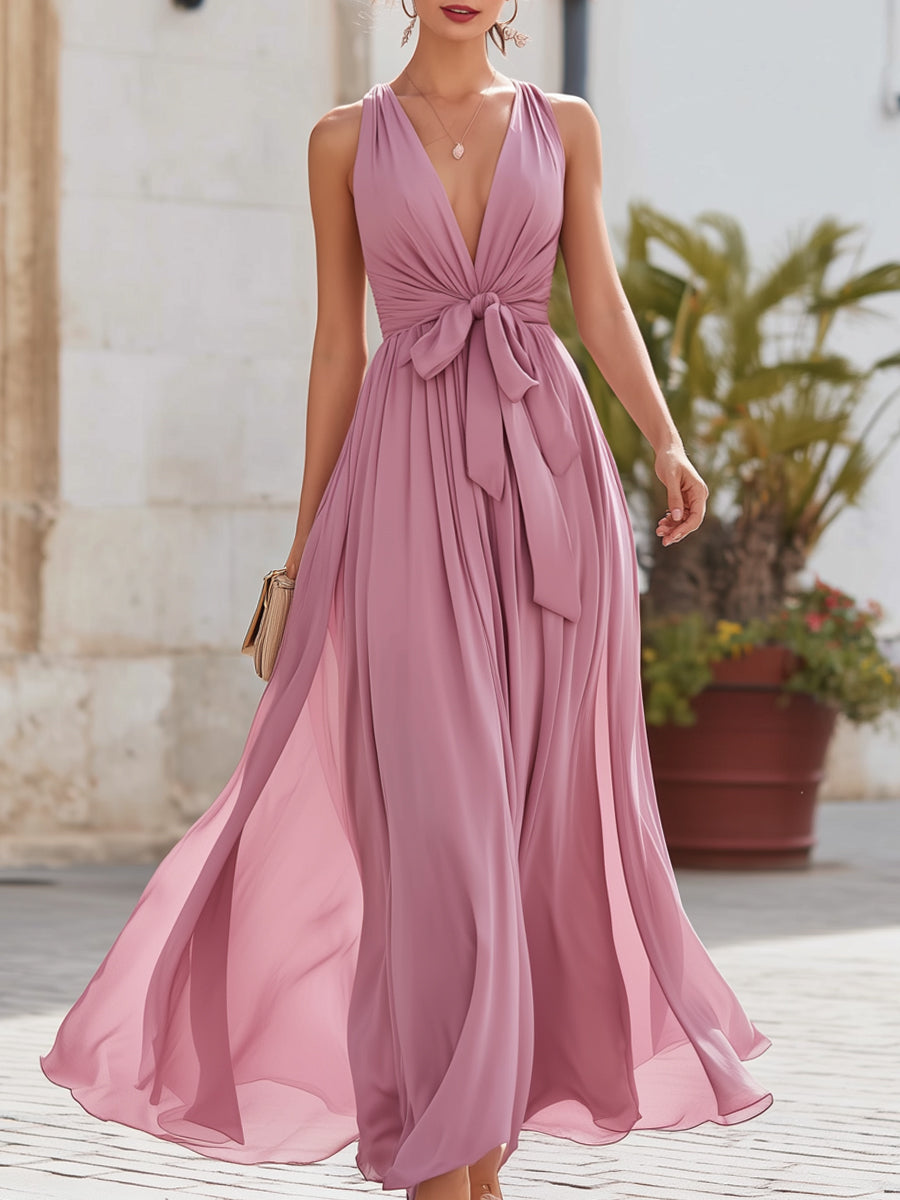 Pink Halter V-Neck Tie-Waist Flowing Maxi Dress