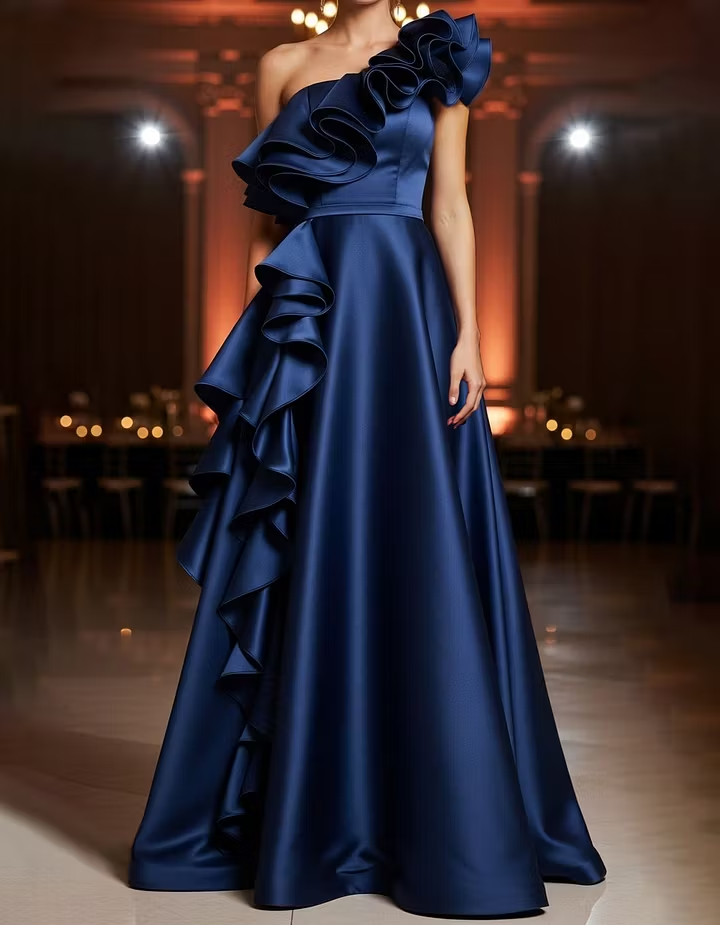 Navy Blue One Shoulder Ruffled Satin Maxi Dress