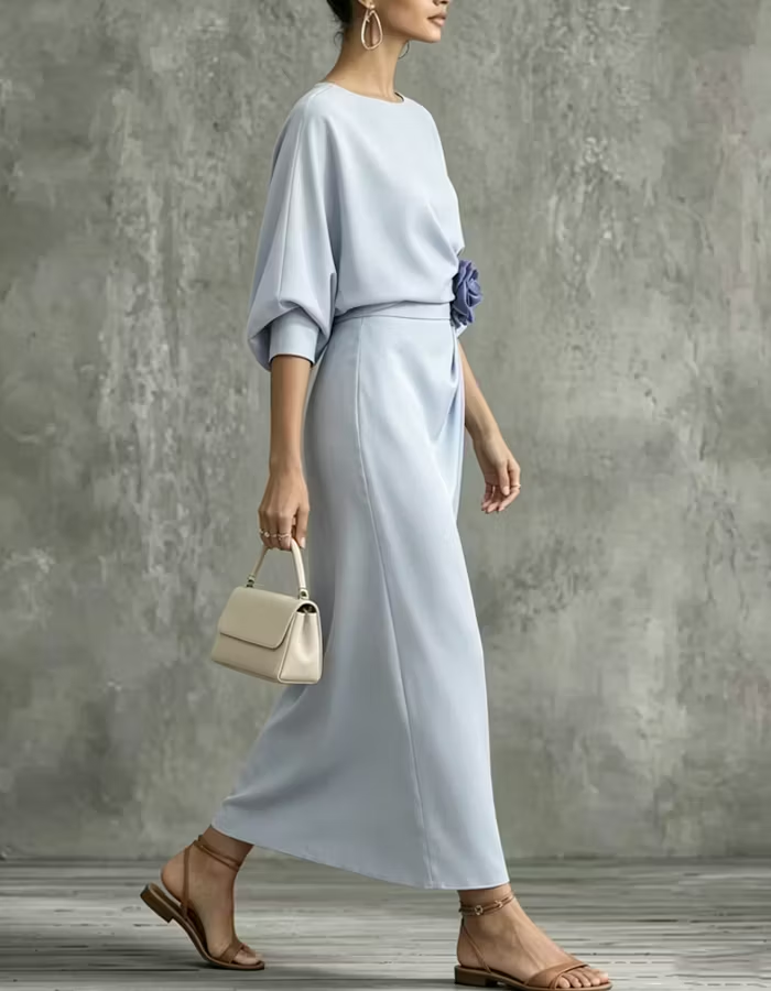 Light Blue Boat-neck Midi Dress
