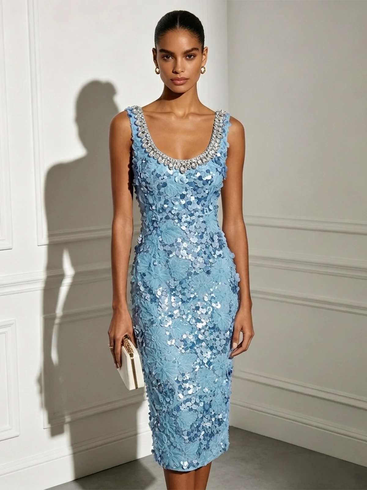 Light Blue Rhinestone 3D Floral Sequin U-Neck Sleeveless Sheath Midi Dress