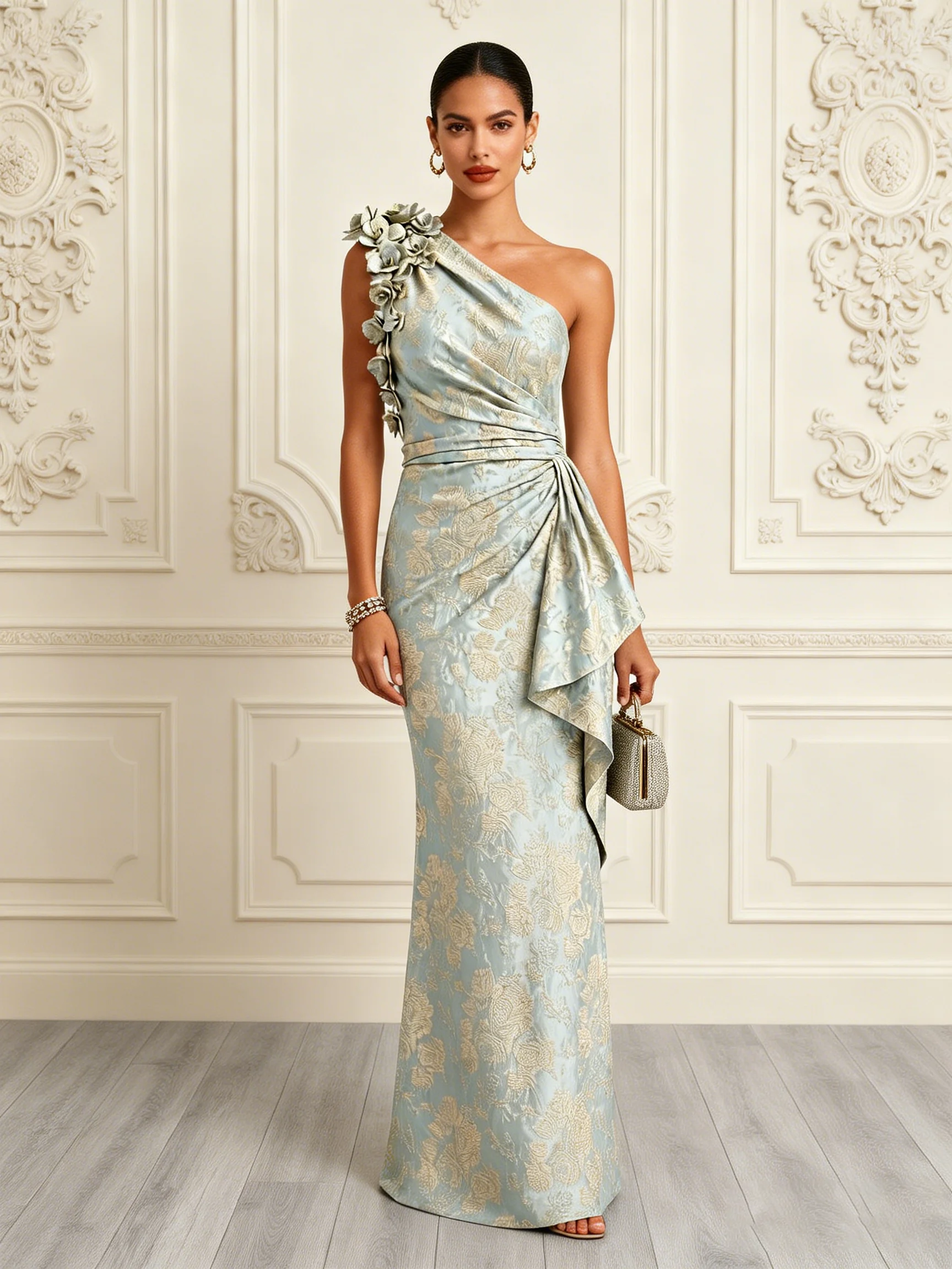 Lightgreen Jacquard 3D Floral Classic One Shoulder Sleeveless Mermaid Floor Length Dress