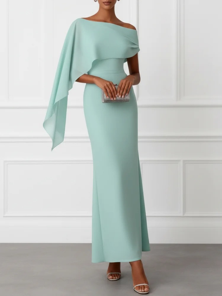 Light Green Asymmetric Classic Off The Shoulder Short Sleeve Sheath Maxi Dress