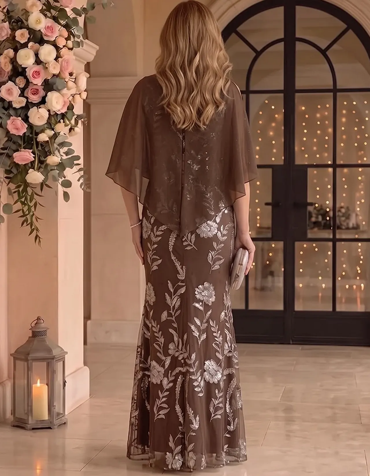 Brown Chiffon Cape Overlay Floral Lace Embroidery Maxi Dress