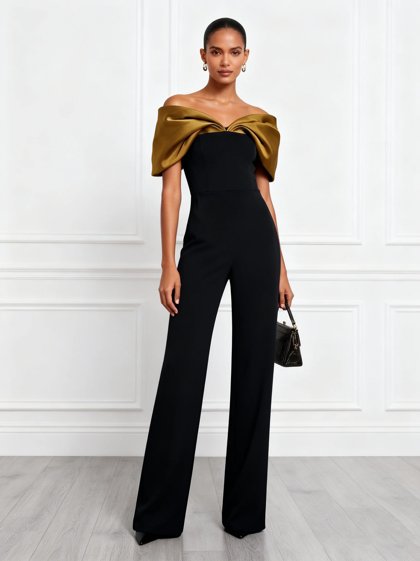 Women Black Split Joint Off The Shoulder Short Sleeve Elegant Jumpsuit