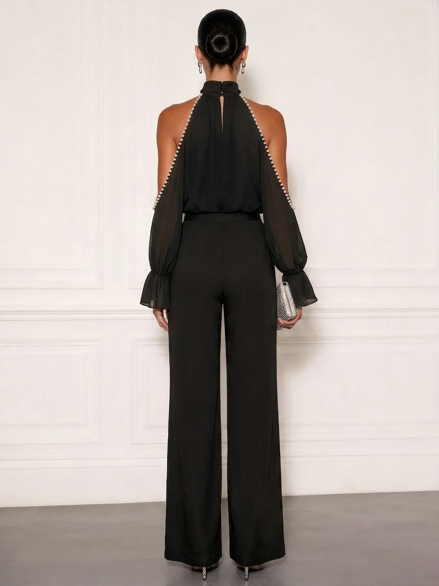Women Black Faux Pearl Mock Neck Long Sleeve Off Shoulder Sleeve Dressy Top With Pants Two-Piece Set