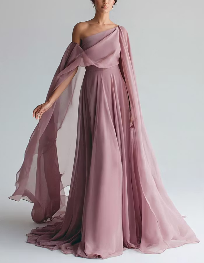 Grayish Pink Chiffon One Shoulder Maxi Dress