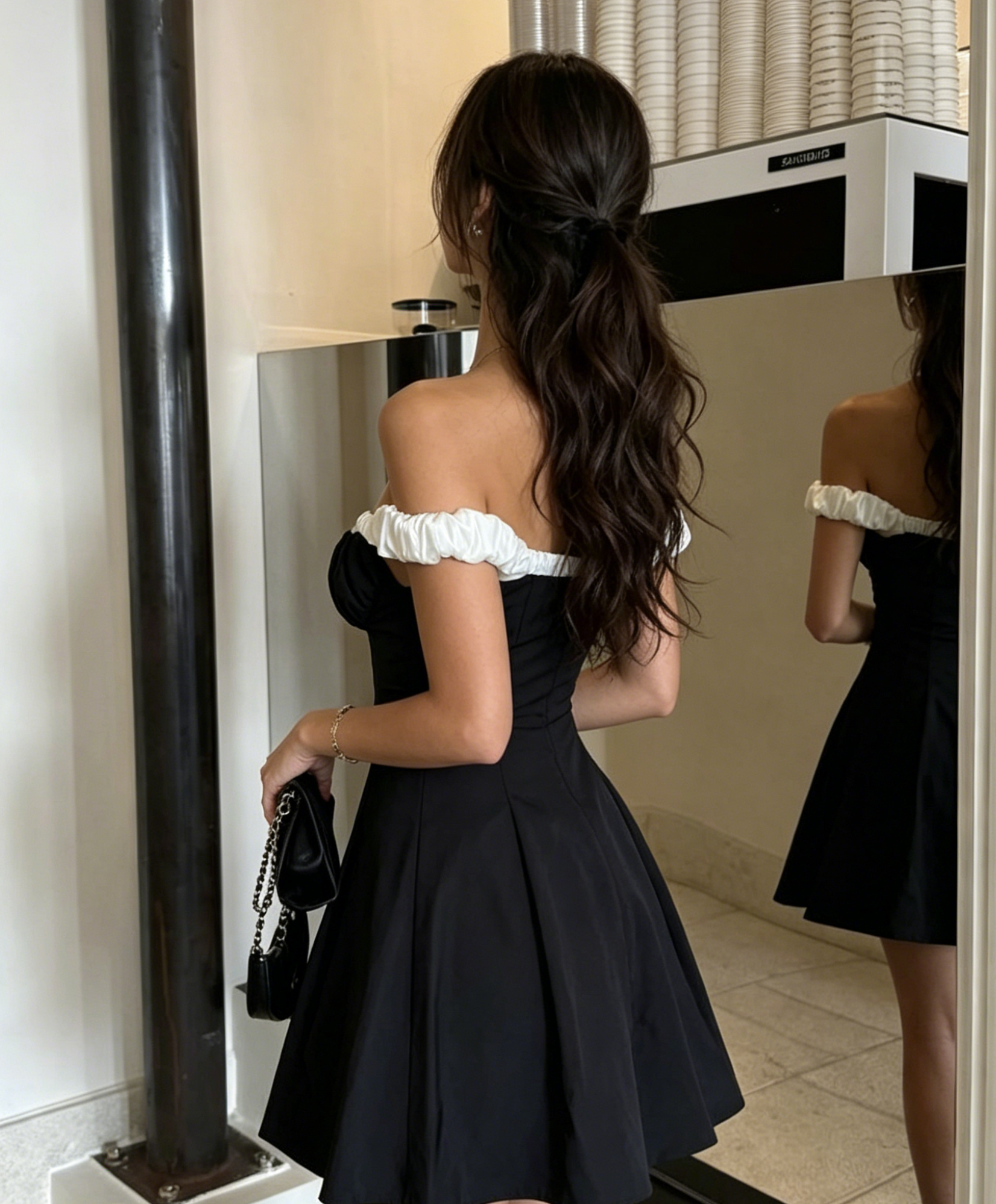Black Off Shoulder White Ruffle Trim Corset Skater Mini Dress