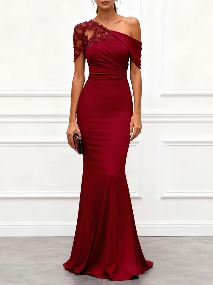 Wine Red Lace Ruched Knit One Shoulder Short Sleeve Mermaid Gown Dress