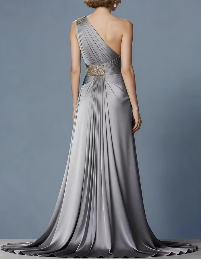 Silver Grey One-Shoulder Pleated Satin Maxi Dress