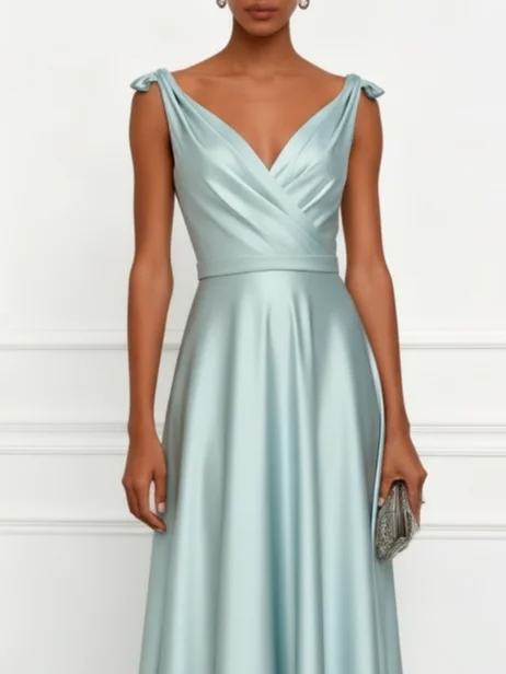 Aqua blue Bow Ruched Satin V Neck Sleeveless A-Line Floor-length Gown Dress