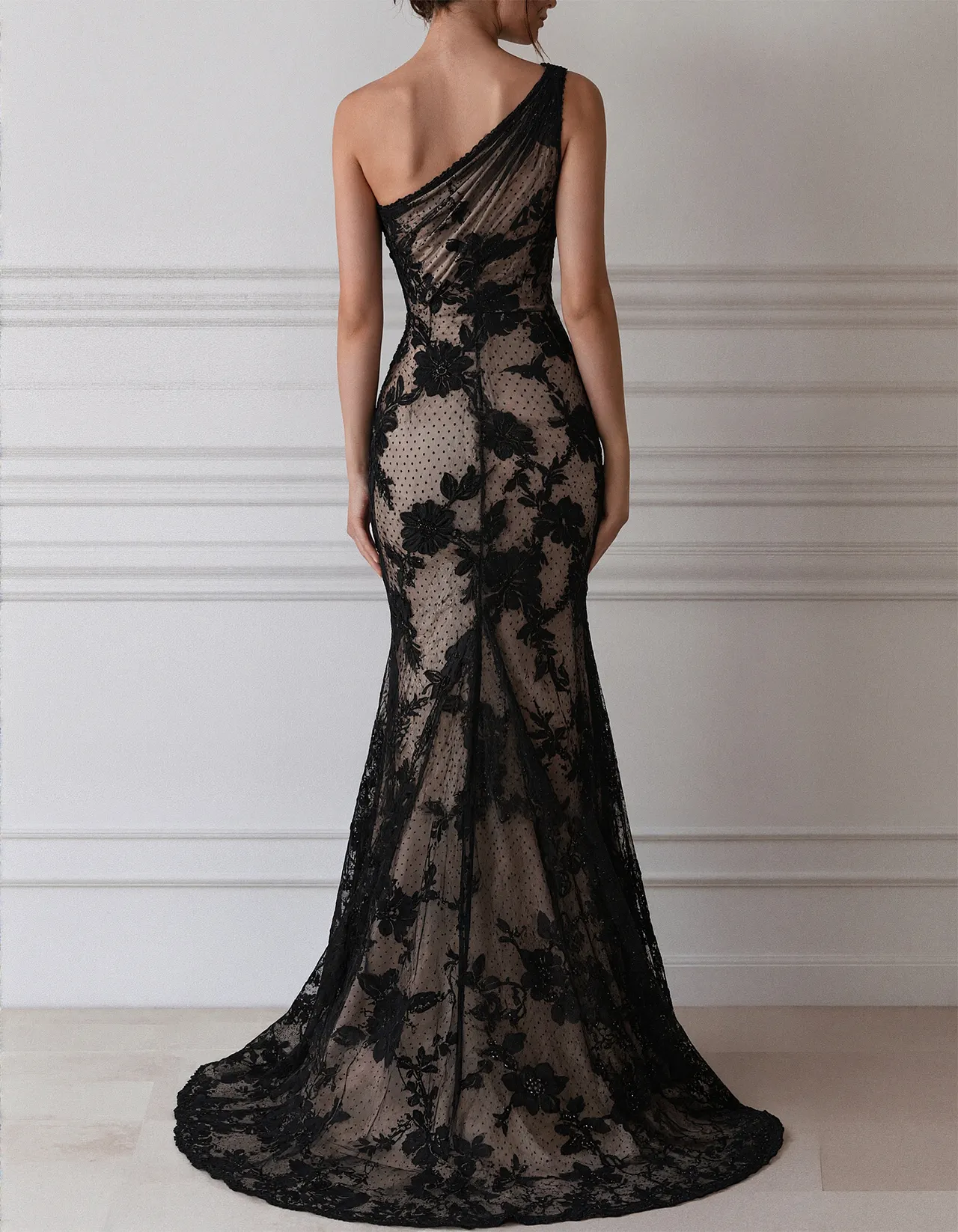 Black Lace One Shoulder Mermaid Style Maxi Dress