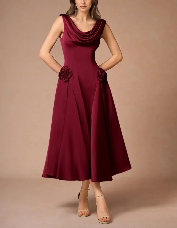 Burgundy Draped Neckline 3D Flower Sleeveless Satin Midi Dress