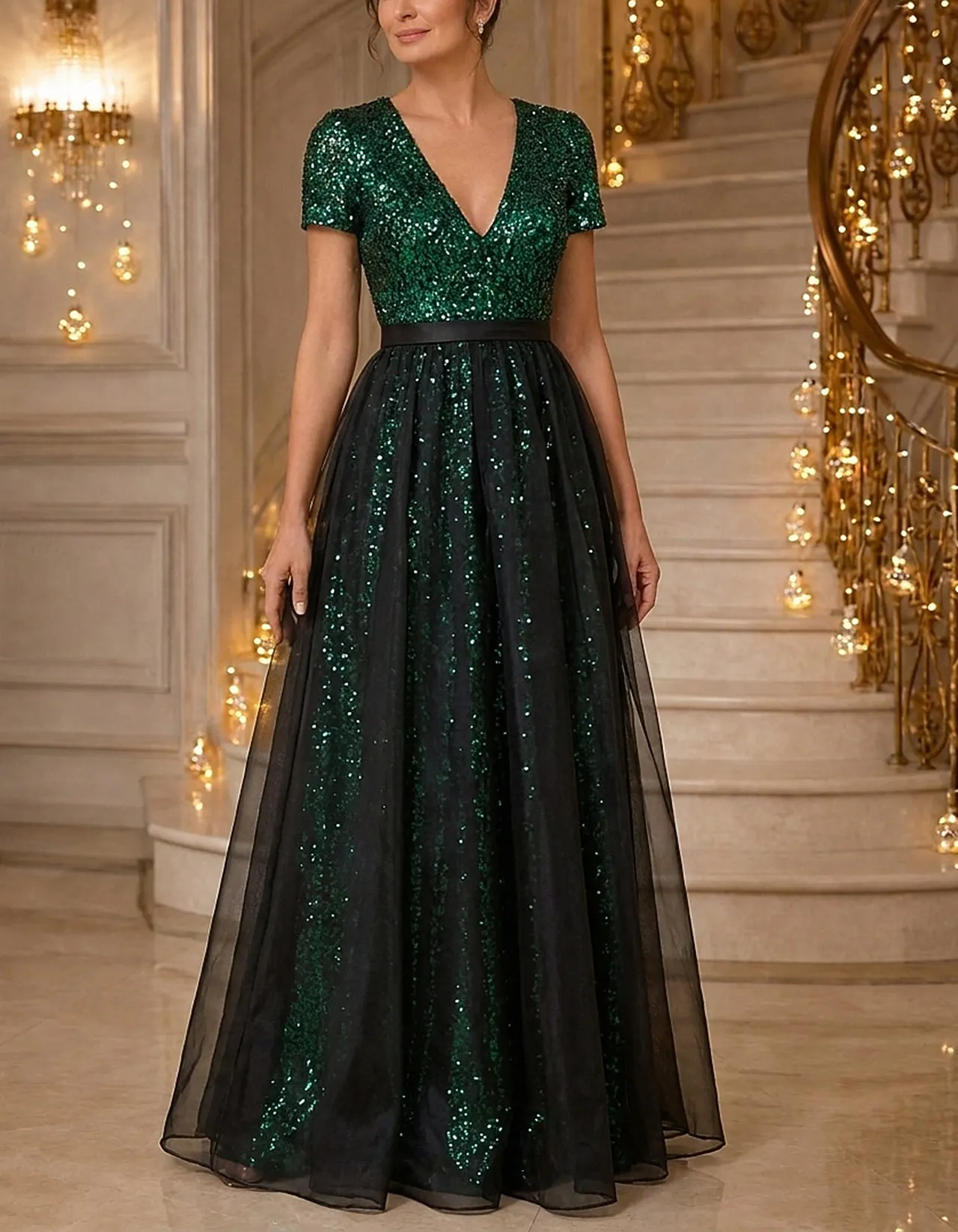 Solid Color Sequined Tulle Maxi Dress