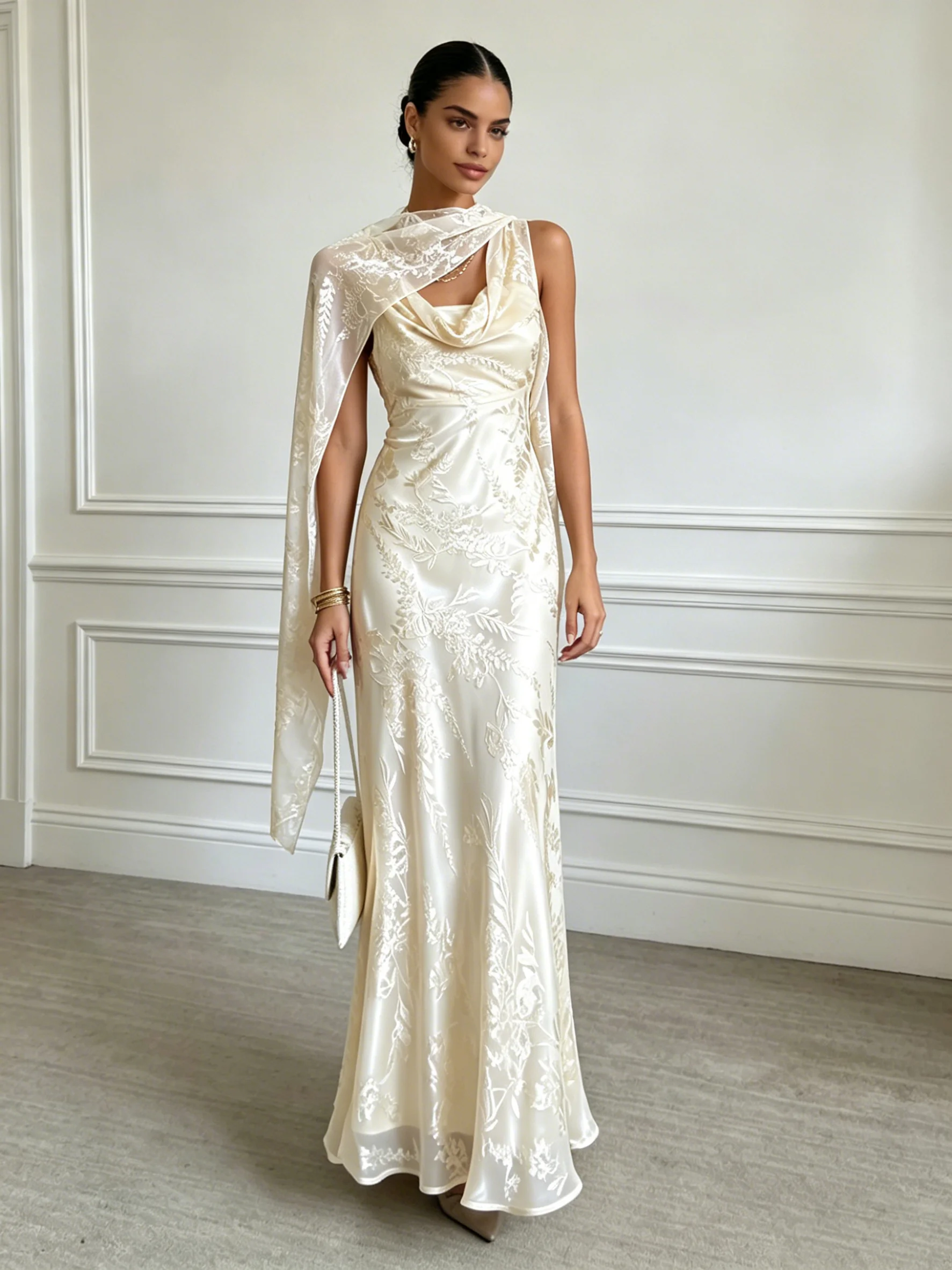 White Jacquard Classic Cowl Neck Sleeveless Mermaid Floor-length Gown Dress