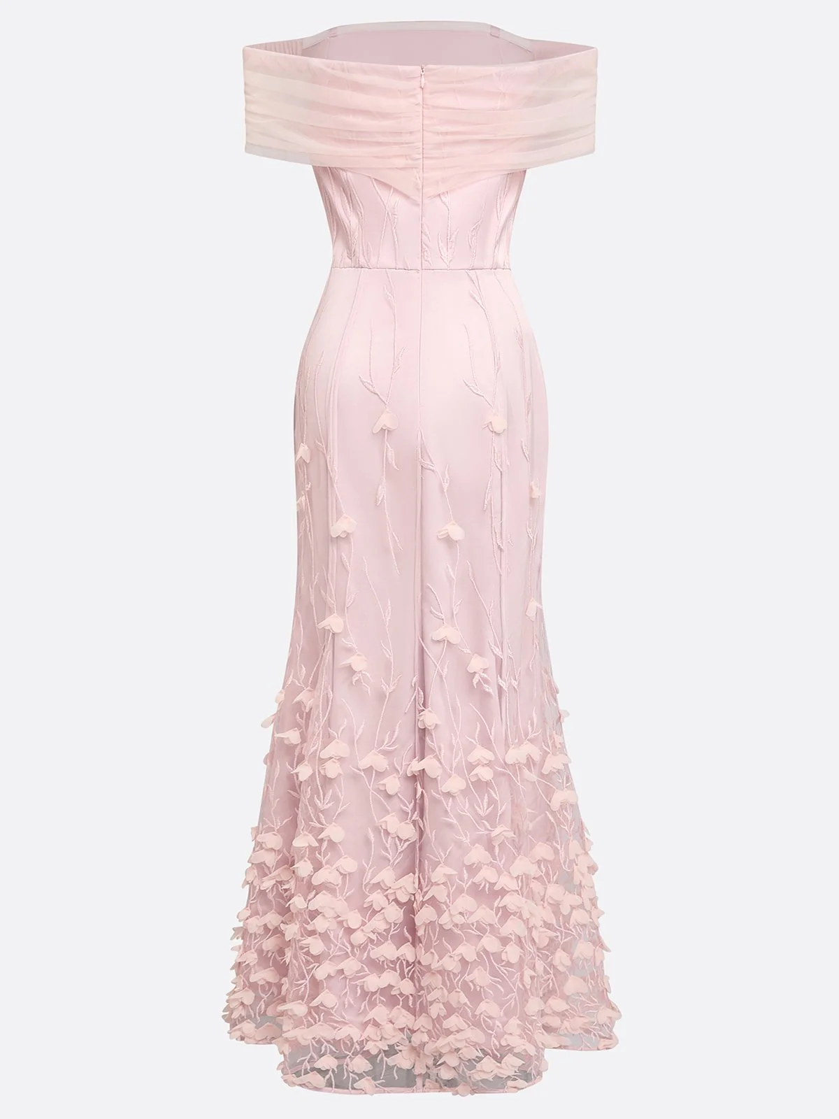 Light Pink 3D Floral Embroidery Classic Off The Shoulder Short Sleeve Mermaid Gown Dress